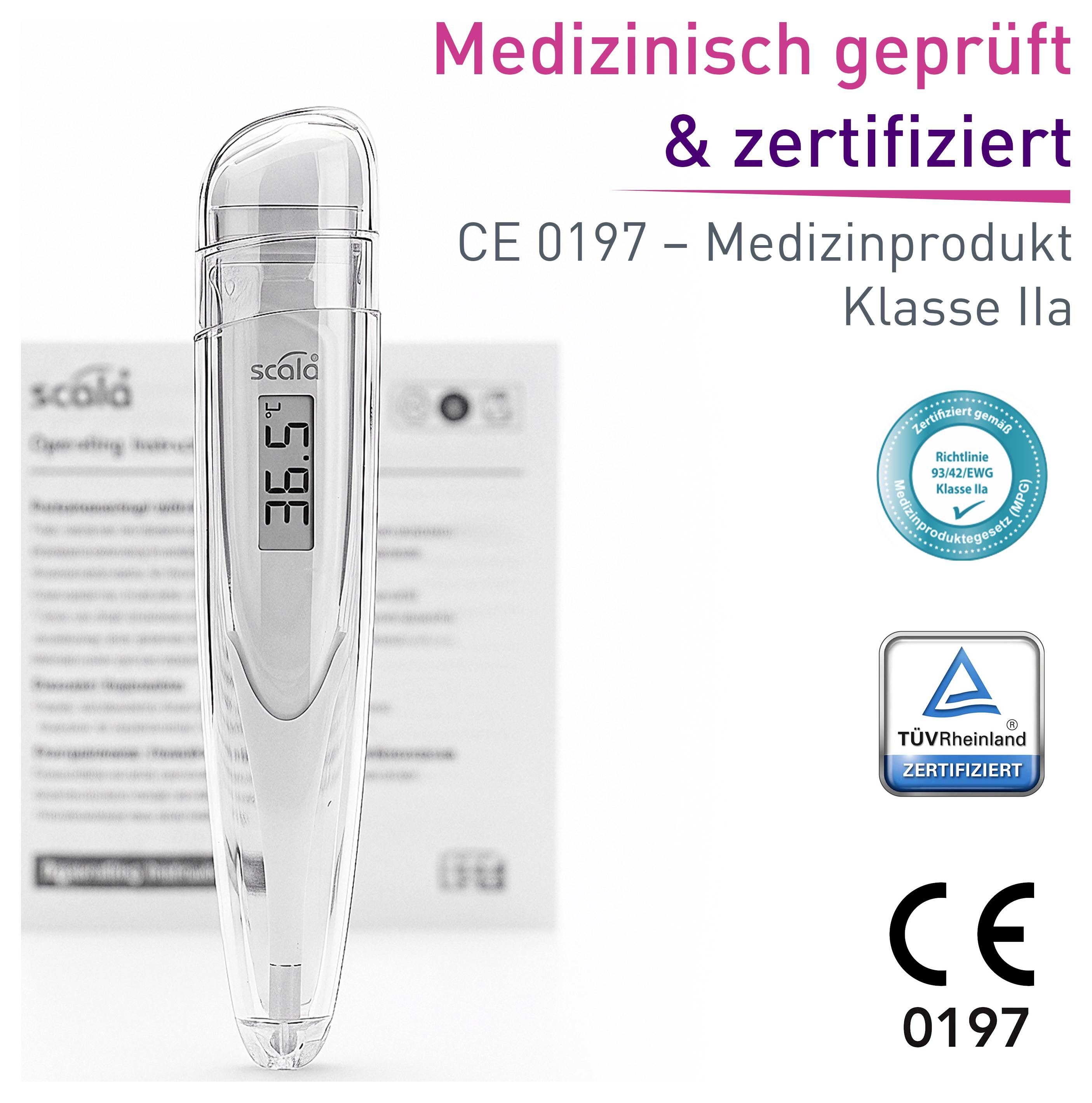 Digitale thermometer met display toont '36.5°C'. Labels vermelden 'Medisch getest & gecertificeerd', 'CE 0197', 'TÜV Rheinland'.