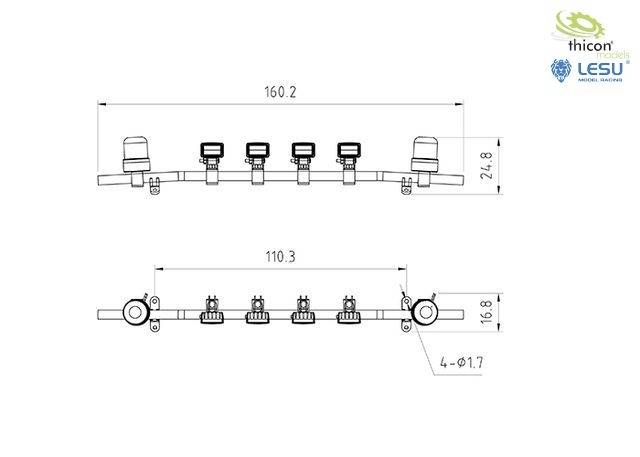 Technische tekening van twee aanzichten van een metalen steun met meerdere bevestigingspunten. Afmetingen zijn 160,2 mm en 110,3 mm.