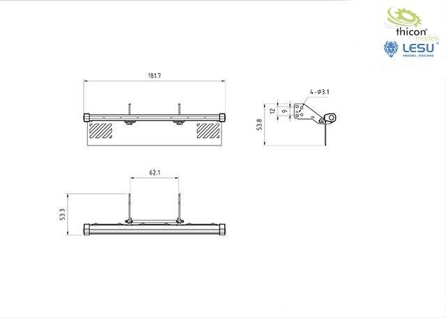 Technische tekening van twee stalen platen met afmetingen en boorgaten. Afmetingen: 181,7 mm en 62,1 mm. Logo's van Thicon Models en LESU.
