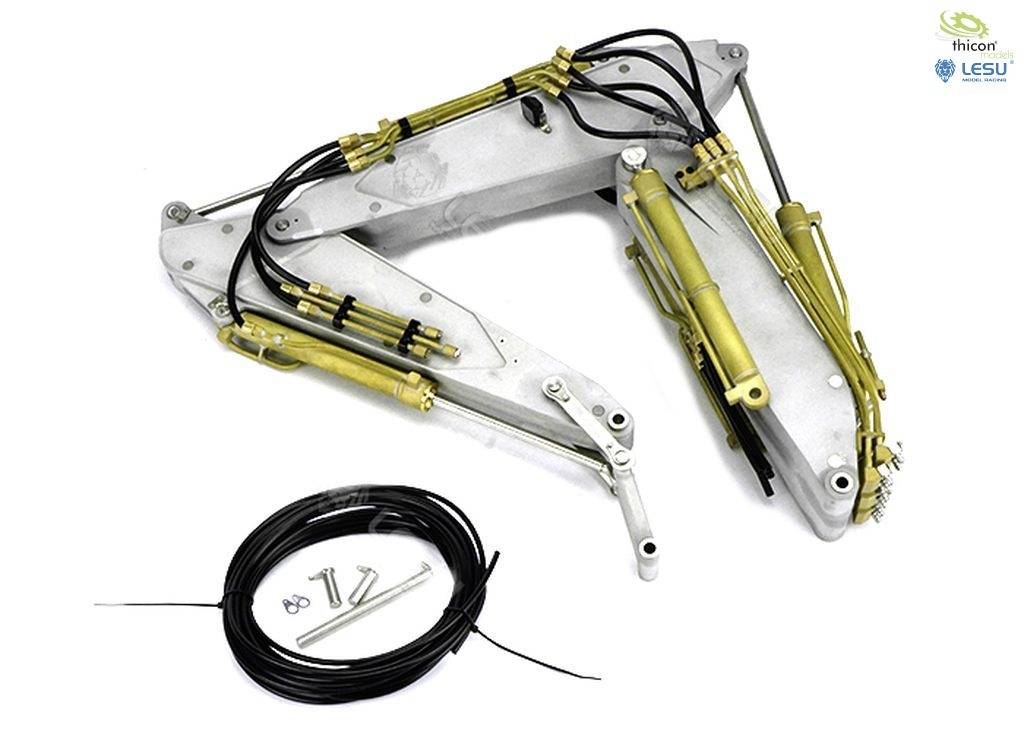 Een hydraulische grijparm met metalen frame en kabels, samen met schroeven en draden weergegeven op een witte ondergrond.