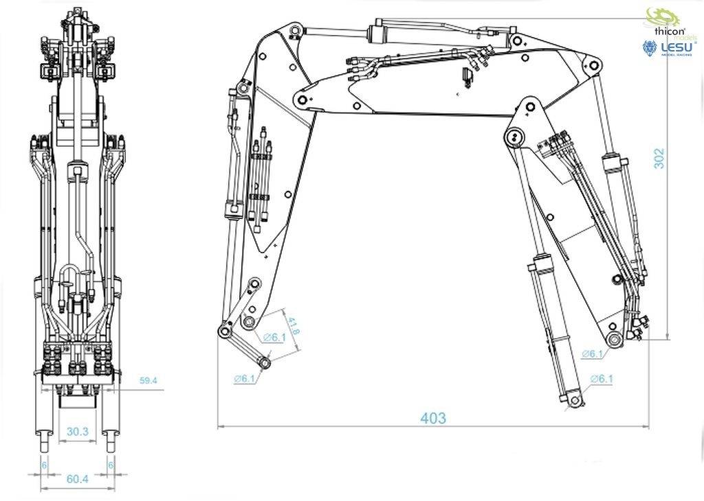 Technische tekening van een mechanische arm met afmetingen. Links een vooraanzicht, rechts een zijaanzicht met details en maten.