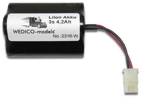 Cilindrische Li-Ion accu met opschrift 'LiIon Accu 3S 4,2Ah WEDICO-models Nr.: 2316-W', verbonden met kabel en stekker.