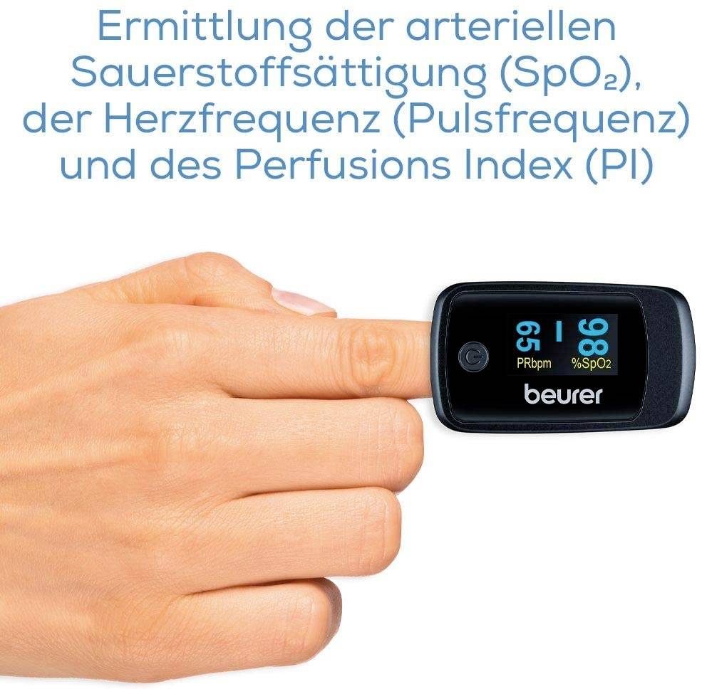Een hand met een pulsoxymeter aan de vinger toont een zuurstofverzadiging van 98%, polsfrequentie van 65 slagen per minuut en een perfusie-index van 5,9 PI.