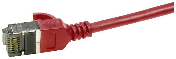 Rood netwerkkabel met RJ45-connector, gebruikt voor Ethernet-verbindingen in computernetwerken.