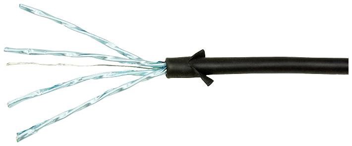 Een zwarte kabel eindigt in vier ongeïsoleerde, blauw-groene draden die gespreid zijn. Het betreft een Ethernet-kabel.