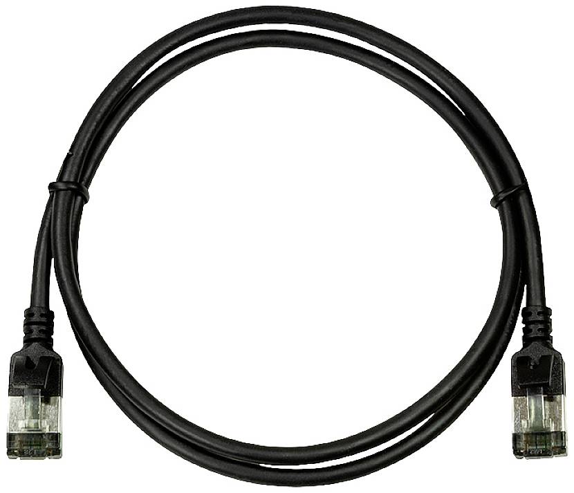 Een zwarte Ethernet-kabel met connectoren aan beide uiteinden.