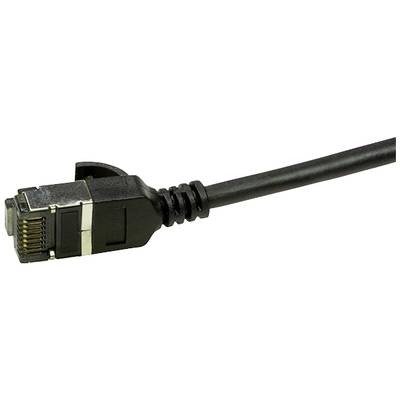 Een zwarte Ethernet-kabel met RJ45-connector op een witte achtergrond, toont details van de connector- en kabelstructuur.