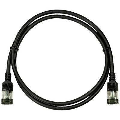 Een zwart Ethernet-kabel met twee RJ45-aansluitingen, dat wordt gebruikt voor netwerkverbinding.