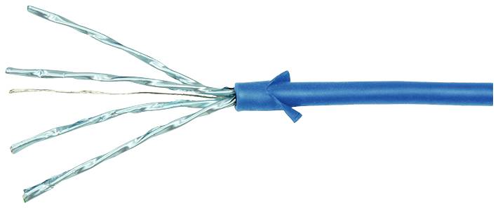 Een blauw, afgeschermd datacommunicatiekabel met vier ontbloteaders, elk met een zilveren draad eromheen gewikkeld. Geschikt voor netwerktechnologieën.