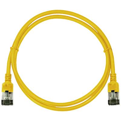 Geel Ethernet-kabel met twee connectoren; wordt gebruikt voor netwerkverbinding.