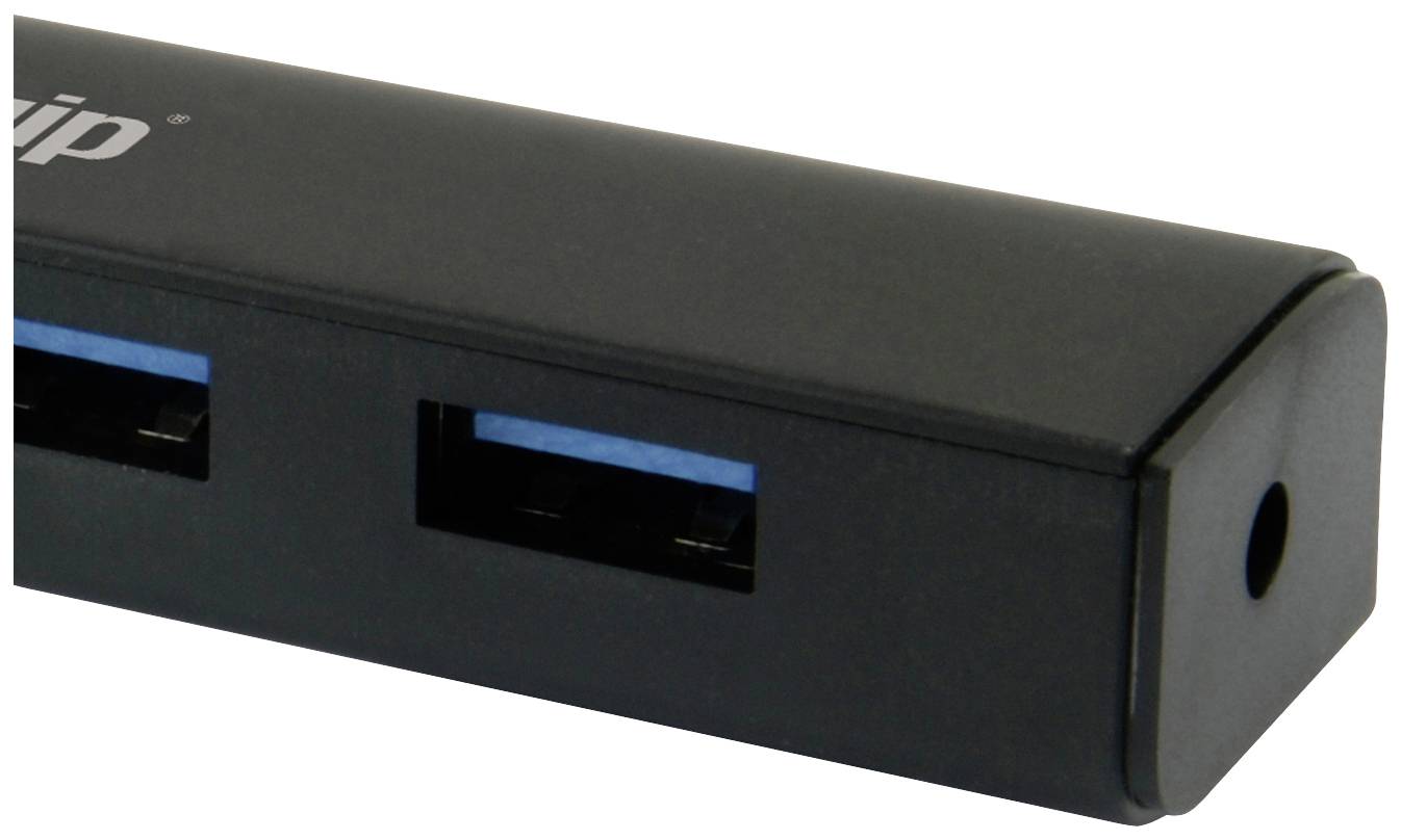 Zwarte USB-hub met twee zichtbare USB-poorten.