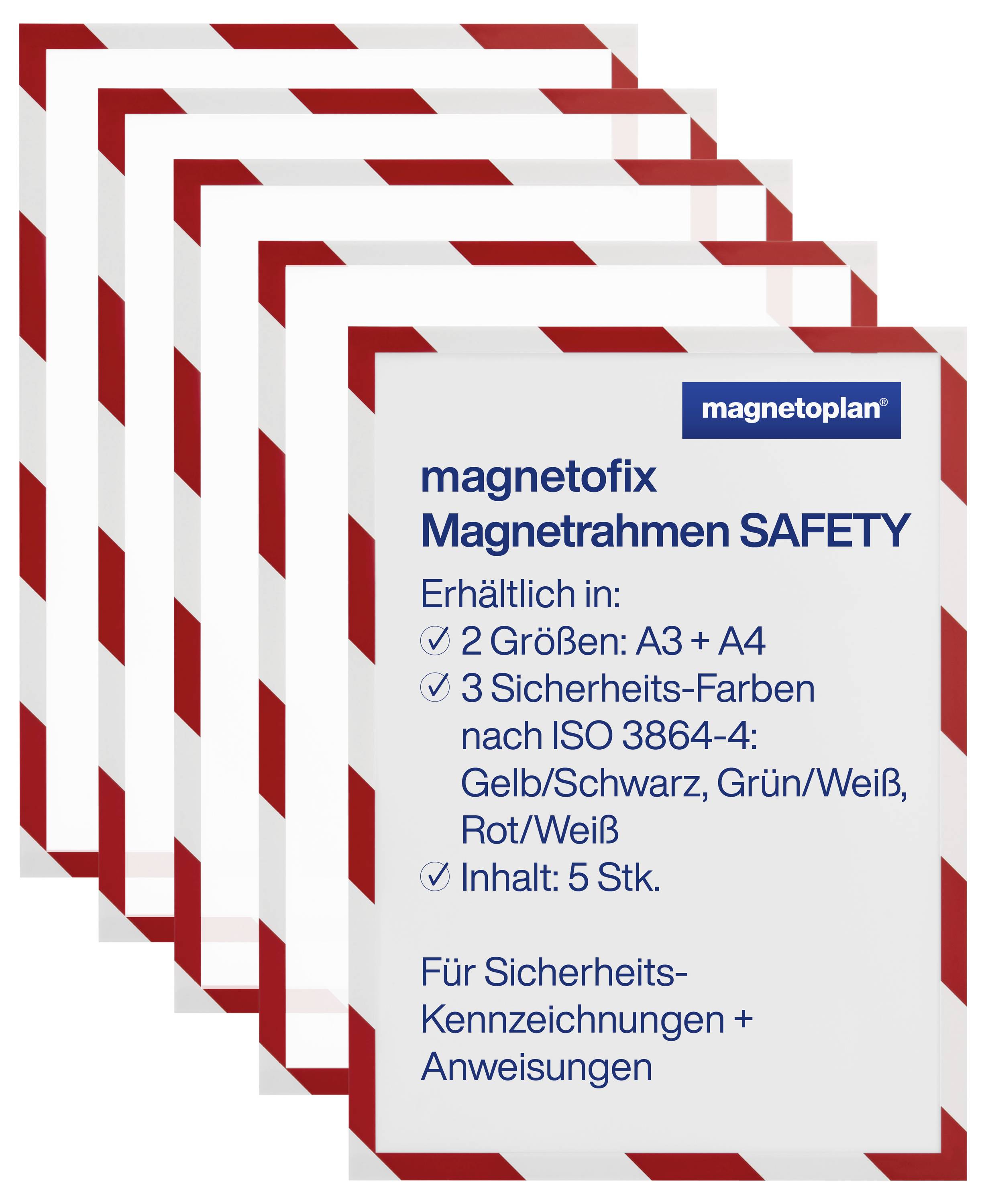 'Een set van vijf veiligheidsmagnetenframes, beschikbaar in A3 en A4 formaten, met drie kleuropties conform ISO 3864: geel/zwart, groen/wit, rood/wit. Verpakking bevat 5 stuks, voor veiligheidsborden en -instructies.'