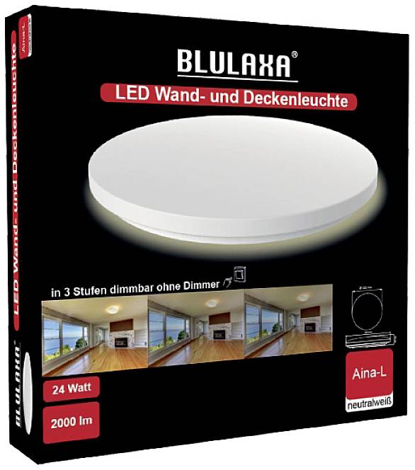 'Blulaxa LED Wandlamp en Plafondlamp, 24 Watt, 2000 lm, in 3 standen dimbaar zonder dimmer, neutraalwit.' Verpakking toont lamp en toepassingsvoorbeelden.