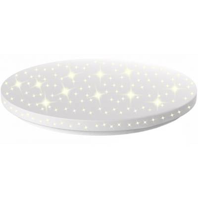Ronde, platte led-plafondlamp met talrijke, gelijkmatig verdeelde kleine gele lichtjes die schitteren als sterren.