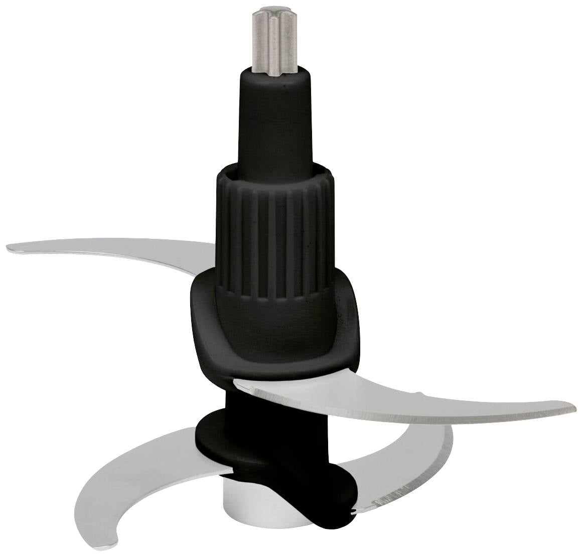 Een zwart, meerlaags roestvrij stalen mes met roterende messen, dat wordt gebruikt voor keukenmachines.