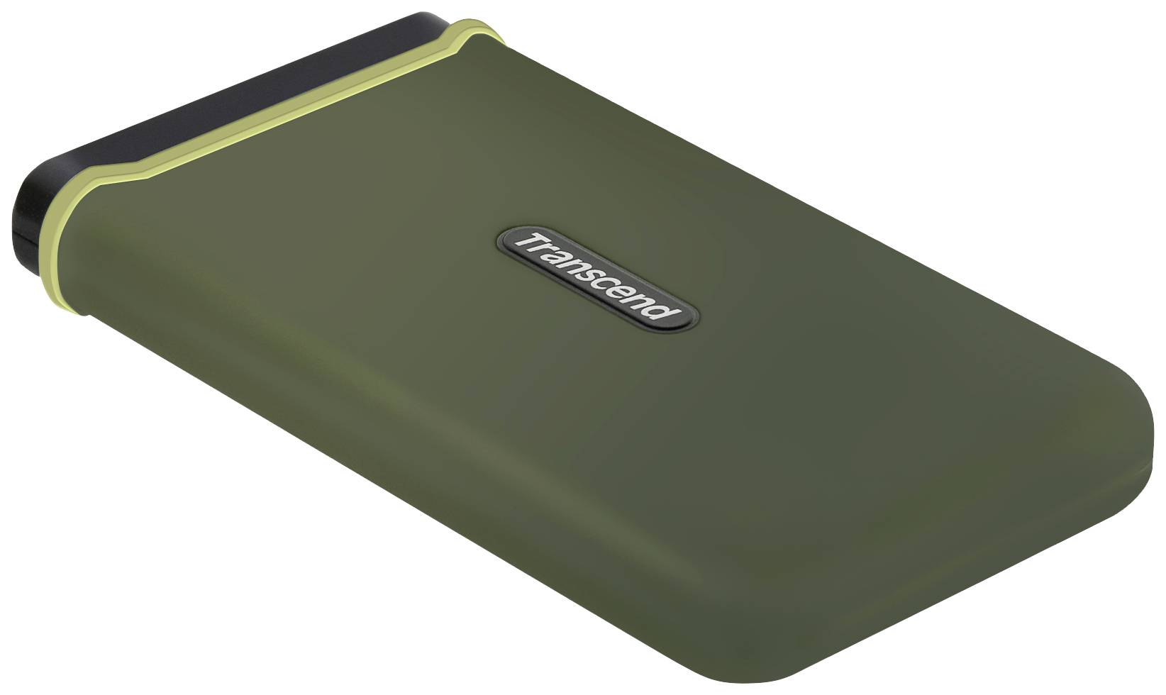 Groene externe harde schijf met het 'Transcend' logo in het midden.