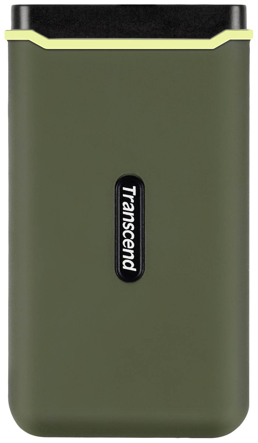 Externe harde schijf met robuste, olijfgroene behuizing en zwart 'Transcend'-logo in het midden.
