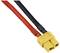 Een XT60-connector met een rood en zwart kabel, gebruikt voor een veilige verbinding tussen elektronische apparaten en batterijen.