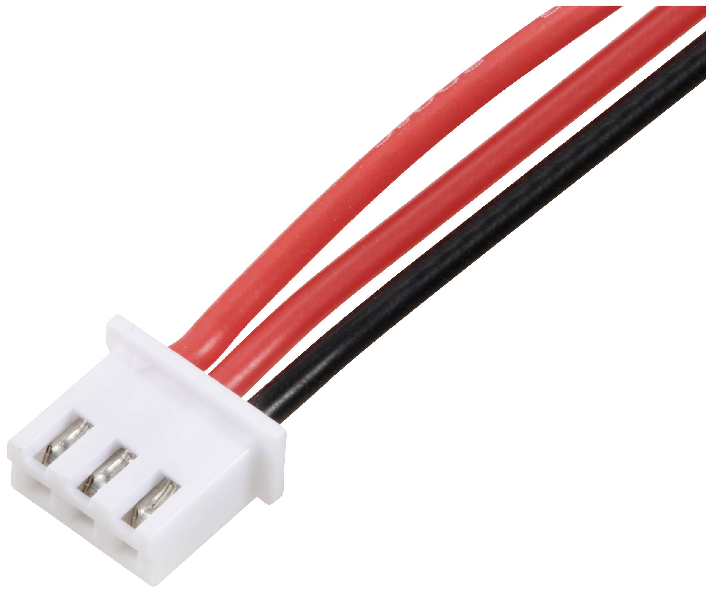 Twee draden, een rode en een zwarte, met een witte, driepolige stekker aan het uiteinde. Geschikt voor elektronische verbindingen.