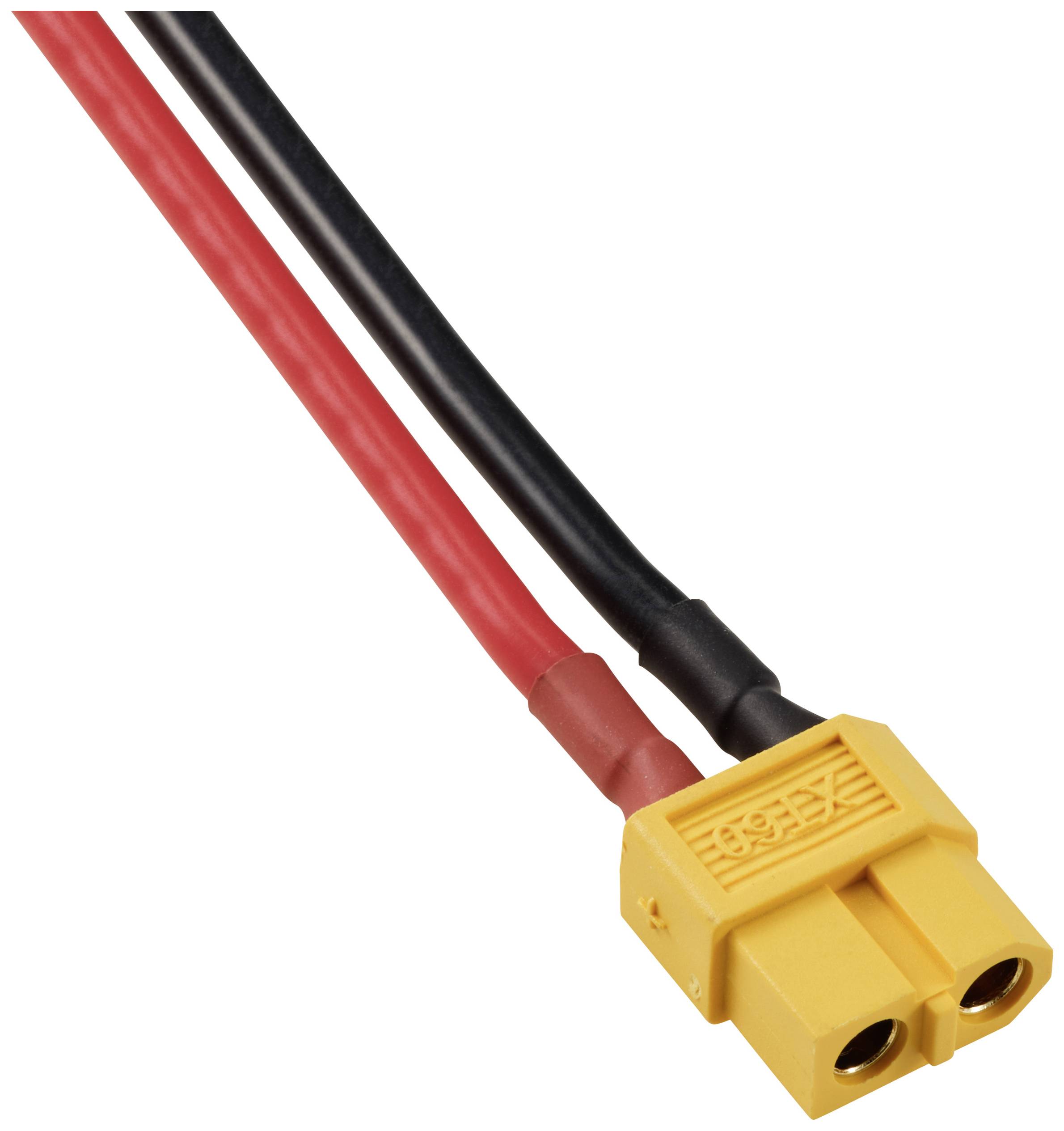 Twee kabels, één rood en één zwart, eindigen in een gele XT60-stekker die wordt gebruikt voor elektrische verbindingen.