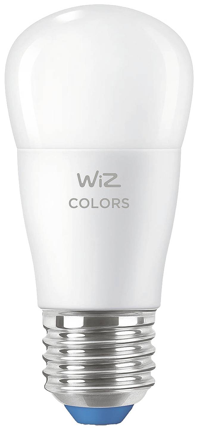 Witte LED-lamp met het opschrift 'Wiz Colors', onderaan een blauwe voet.