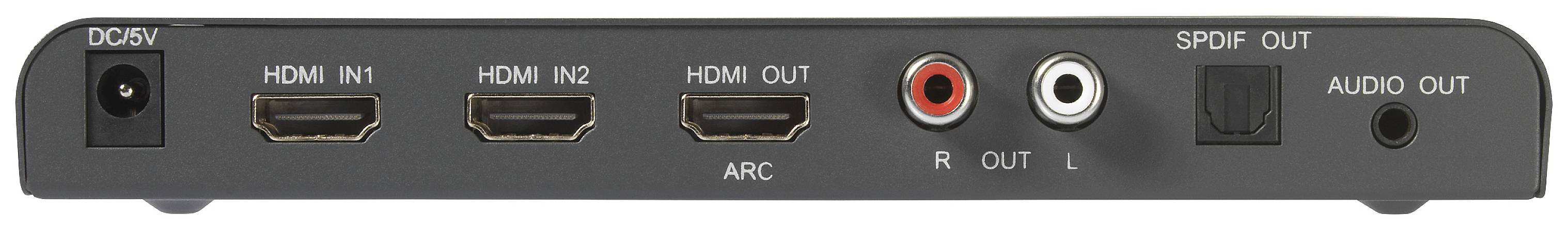 Achterkant van een elektronisch apparaat met aansluitingen: HDMI (IN1, IN2, OUT), SPDIF OUT, Audio UIT, RCA (R, L) en DC5V-voedingsaansluiting.