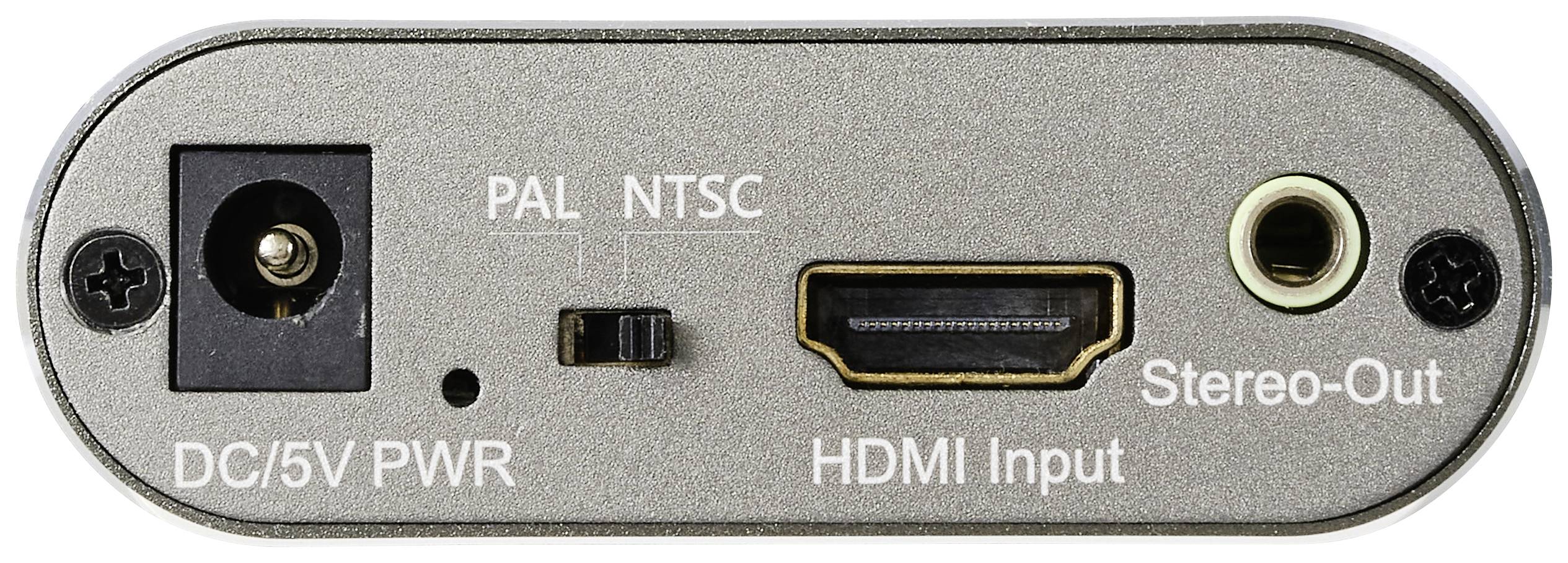 Achterkant van een elektronisch apparaat met aansluitingen: 'DC/5V PWR', 'PAL/NTSC-schakelaar', 'HDMI-ingang' en 'Stereo-uit'.