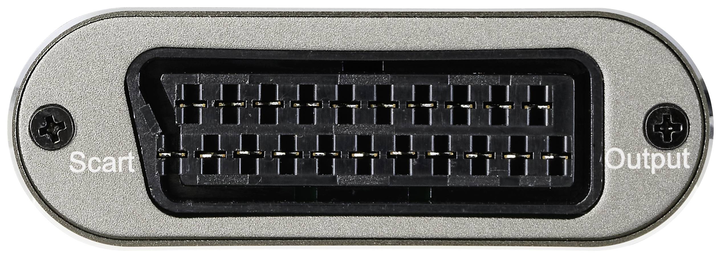 Een SCART-aansluitconnector, gemarkeerd met 'Scart' en 'Output', voor het overdragen van audio- en videosignalen.