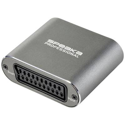 Grijze Scart-naar-HDMI-converter van 'Speaka Professional' met aansluitpoort, voorzien van opschrift 'Scart' en 'Input'.