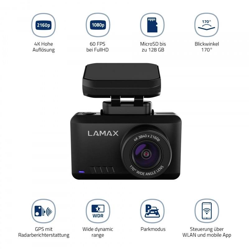 Een zwarte dashcam met 4K-resolutie, 60 fps, 170° gezichtsveld, MicroSD tot 128 GB, GPS en wifi-bediening via app.