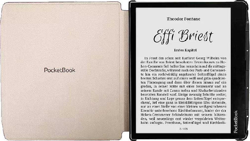 Een e-reader met een geopend boek 'Effi Briest' van Theodor Fontane. Het scherm toont de tekst van het eerste hoofdstuk.