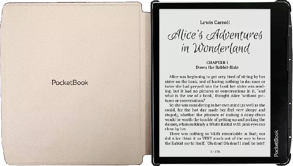 Een geopende e-book-lezer toont 'Alice's Adventures in Wonderland' van Lewis Carroll, hoofdstuk 1, 'Naar beneden in het konijnenhol'.