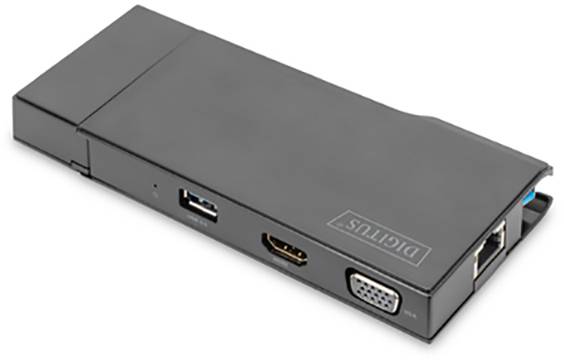 Een zwart elektronisch apparaat met meerdere aansluitingen, waaronder USB, HDMI, VGA en Ethernet, voor het verbinden van verschillende apparaten.
