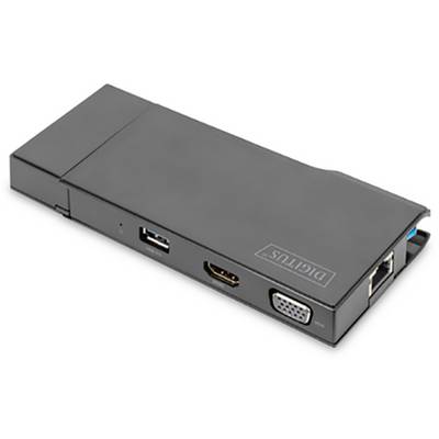 Een zwart elektronisch apparaat met meerdere aansluitingen, waaronder USB, HDMI, VGA en Ethernet, voor het verbinden van verschillende apparaten.