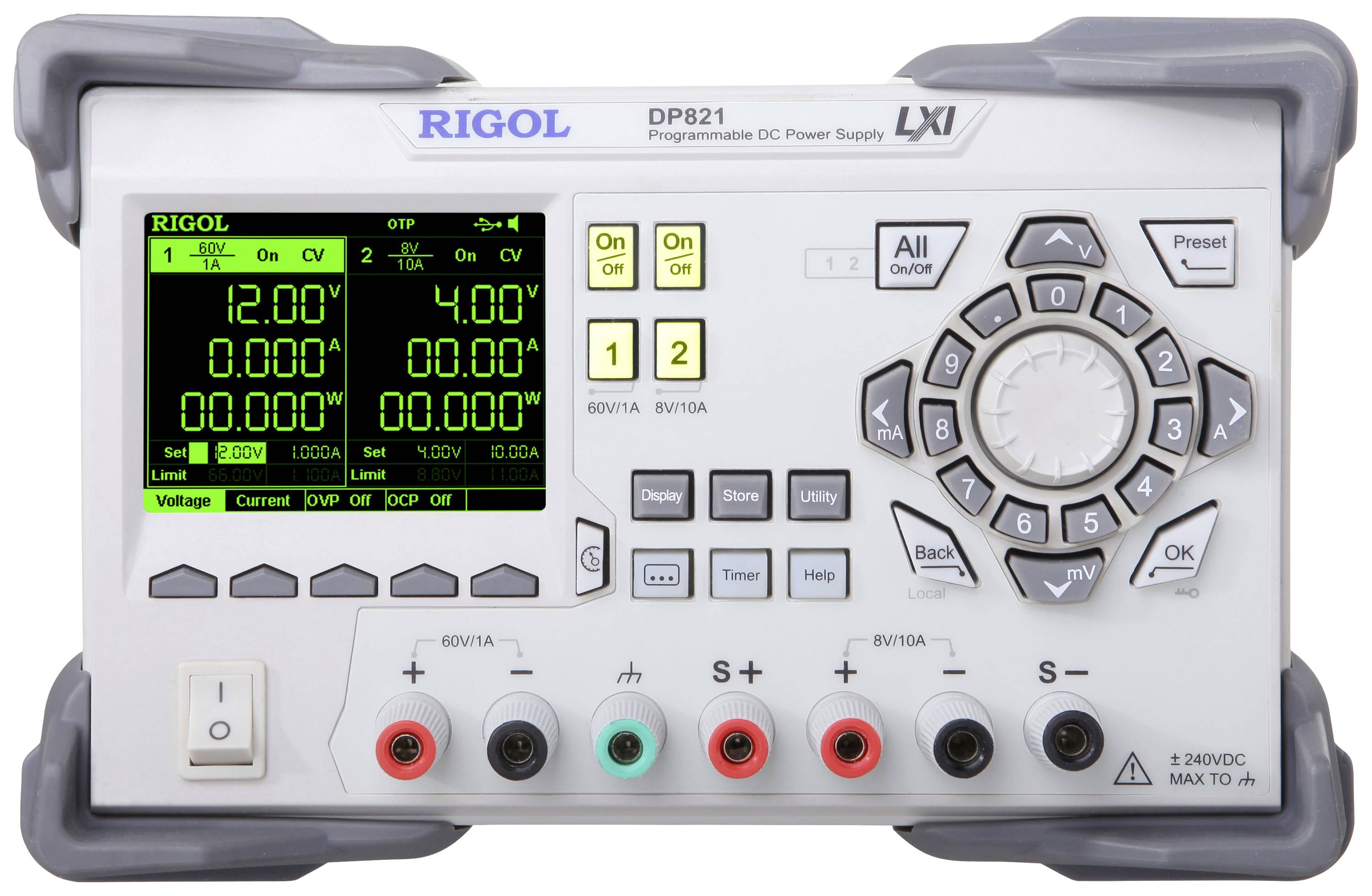 Elektronisch laborvoedingsapparaat met digitaal display toont meetwaarden. Bedieningstoetsen en aansluitingen zijn zichtbaar. Model: Rigol DP821.