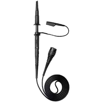 'Zwarte oscilloscoop-sonde met spiraalvormige kabel en klem voor het meten van elektrische signalen.'