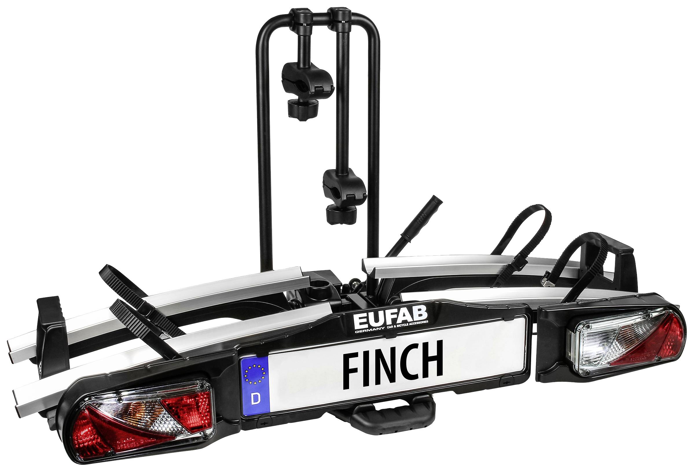 Fietsendrager voor twee fietsen, monteerbaar op een trekhaak. Bevat verlichting en kenteken 'FINCH'.