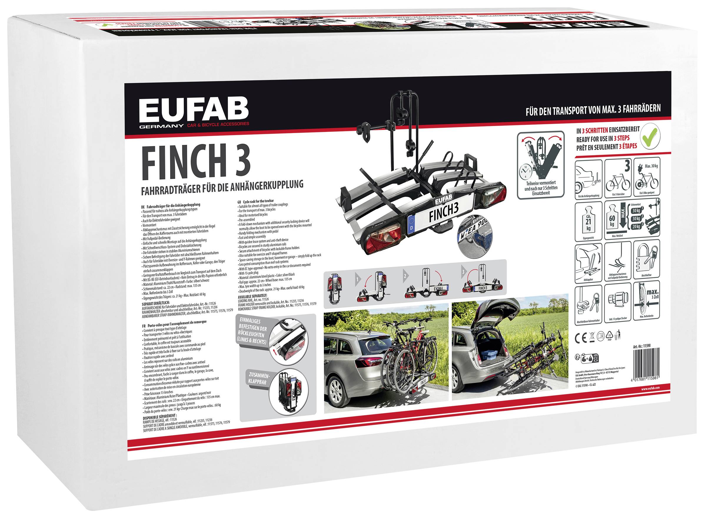 Verpakking voor de 'Finch 3' fietsendrager van EUFAB, toont de gemonteerde drager aan een auto. Illustraties en montage-instructies zijn afgebeeld.