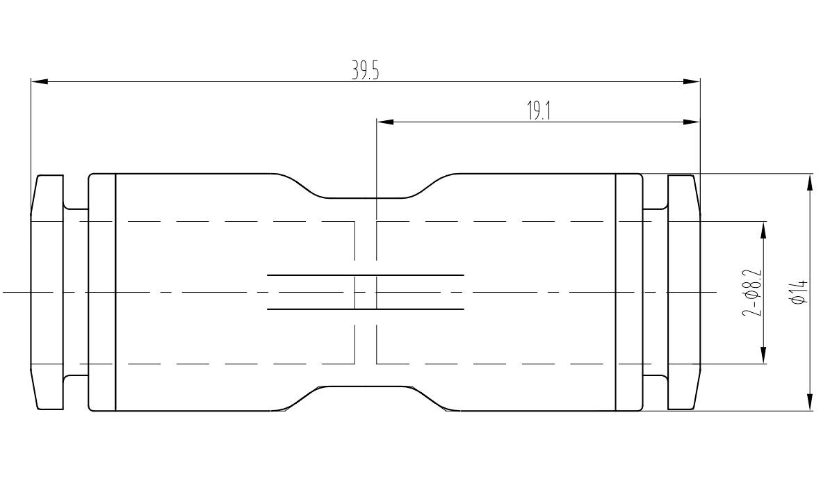 Technische tekening van een cilindrisch onderdeel met afmetingen: totale lengte 39,5 mm, lengte van de sectie 19,1 mm, diameter 14 mm.