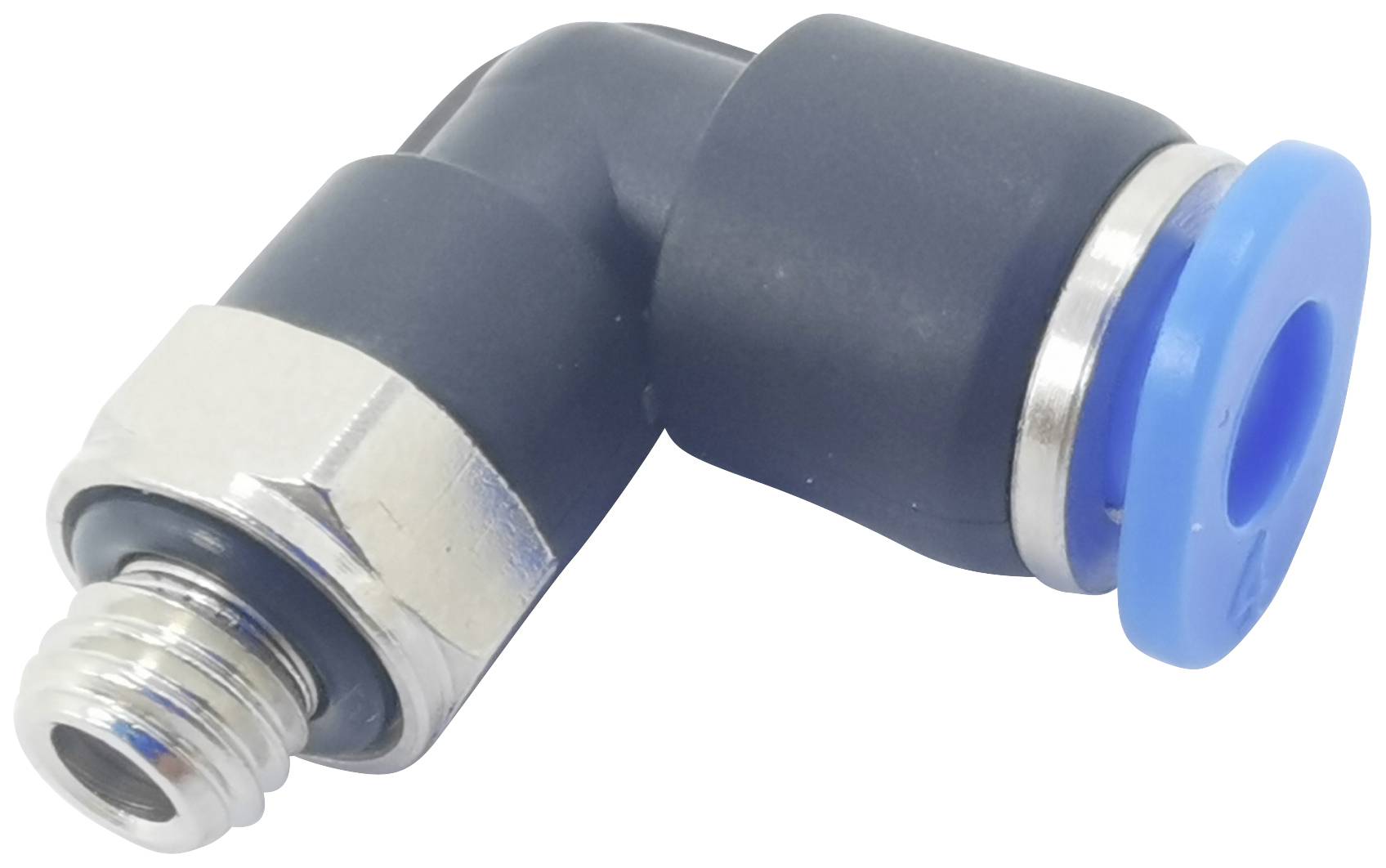 Een zwarte en blauwe hoekverbinding met metalen schroef en afdichting, geschikt voor buisverbindingen in technische toepassingen.