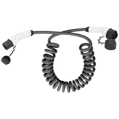 Een spiraalvormige kabel met stekkers aan beide uiteinden, die wordt gebruikt voor het opladen van elektrische voertuigen.