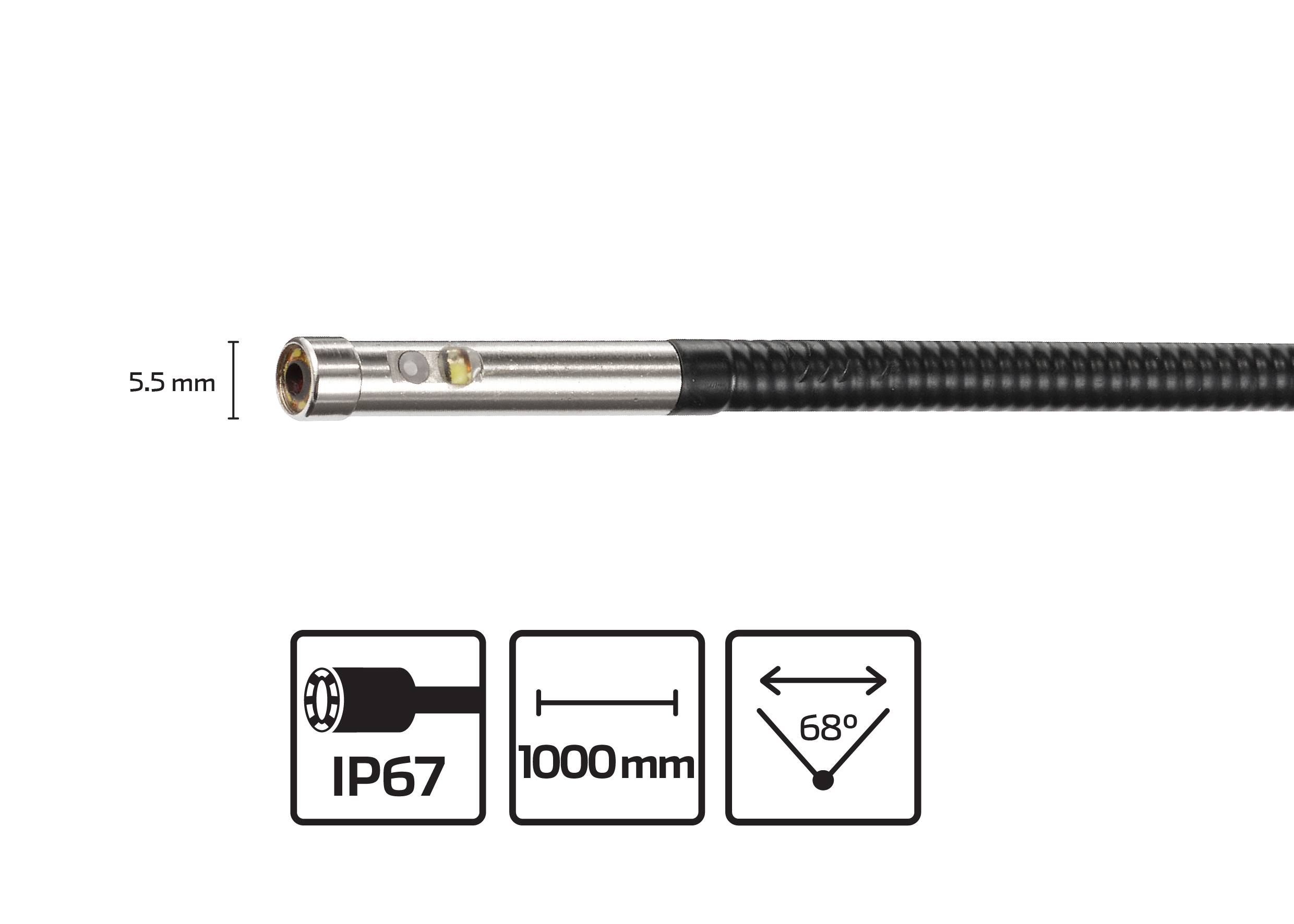 'Endoscoop-camera met 5,5 mm diameter, IP67-bescherming, 1000 mm lengte, 68° gezichtsveld'