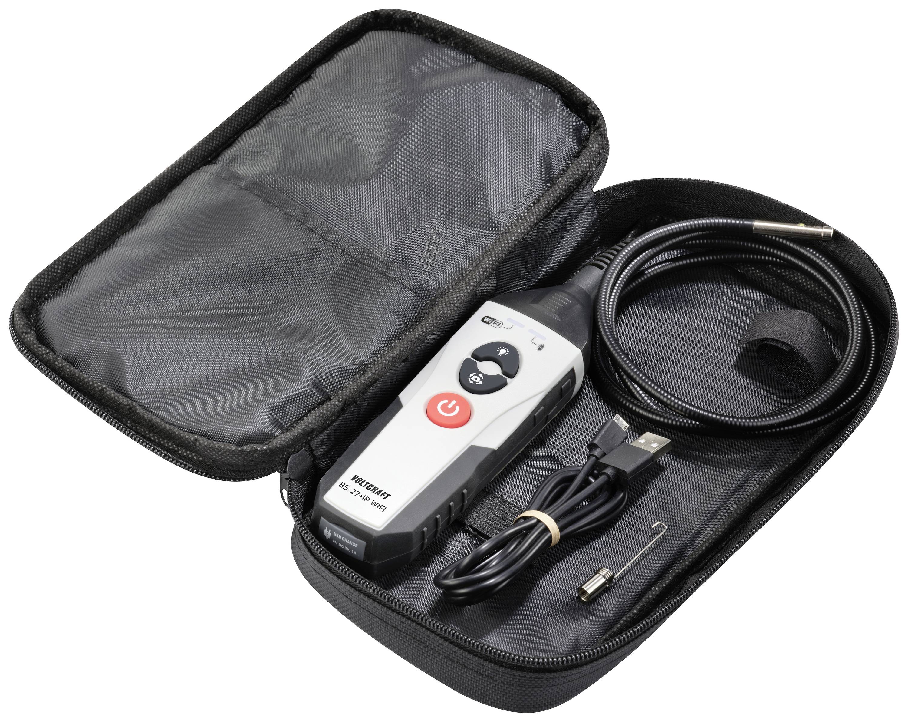'Een handendoscoop in een open zwart etui met camerakabel, USB-kabel en haakopzetstuk.'