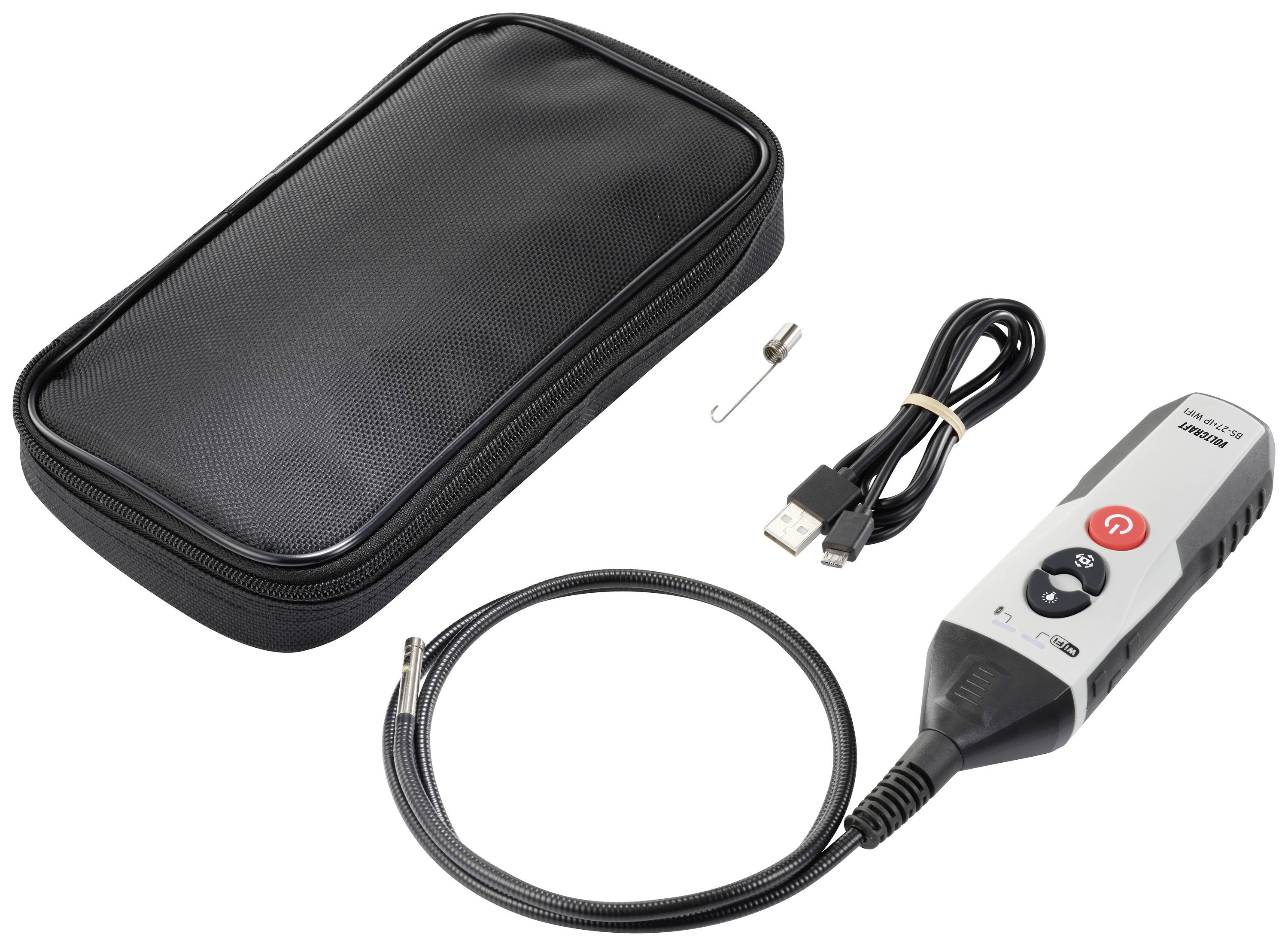 Endoscoop-camera met USB-aansluiting, flexibele kabel, besturingsapparaat en zwarte draagtas. Ideaal voor inspectie van moeilijk bereikbare plaatsen.