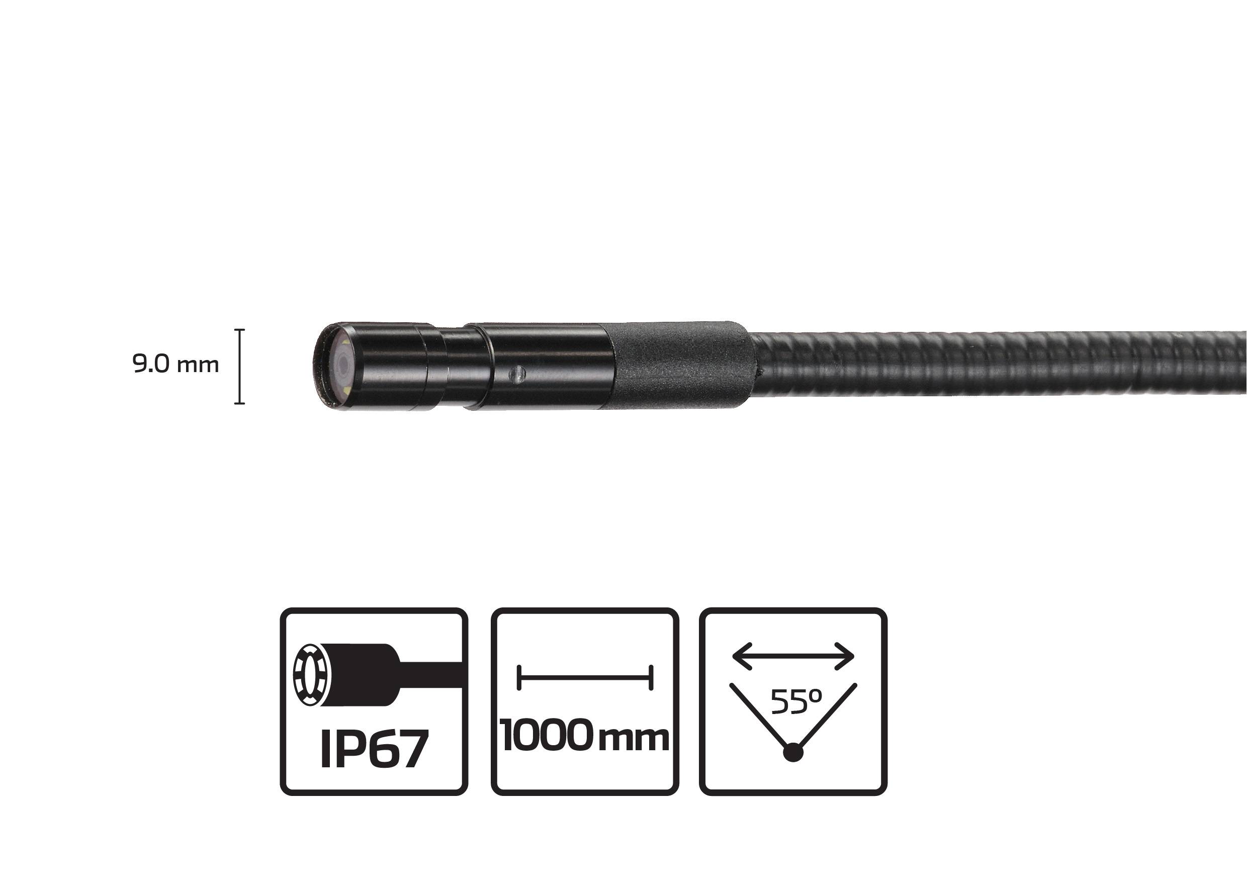 Een endoscoop-camerakabel met een diameter van 9 mm. Symbolen tonen: IP67-bescherming, 1000 mm lengte, 55° gezichtsveld.