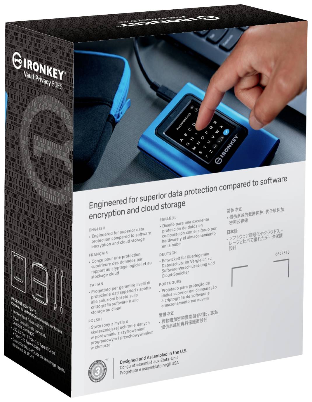 'IronKey'-harde schijf met toetsenbord voor veilige gegevensversleuteling. Verpakking prijst bescherming tegen softwareversleuteling en cloudopslag.