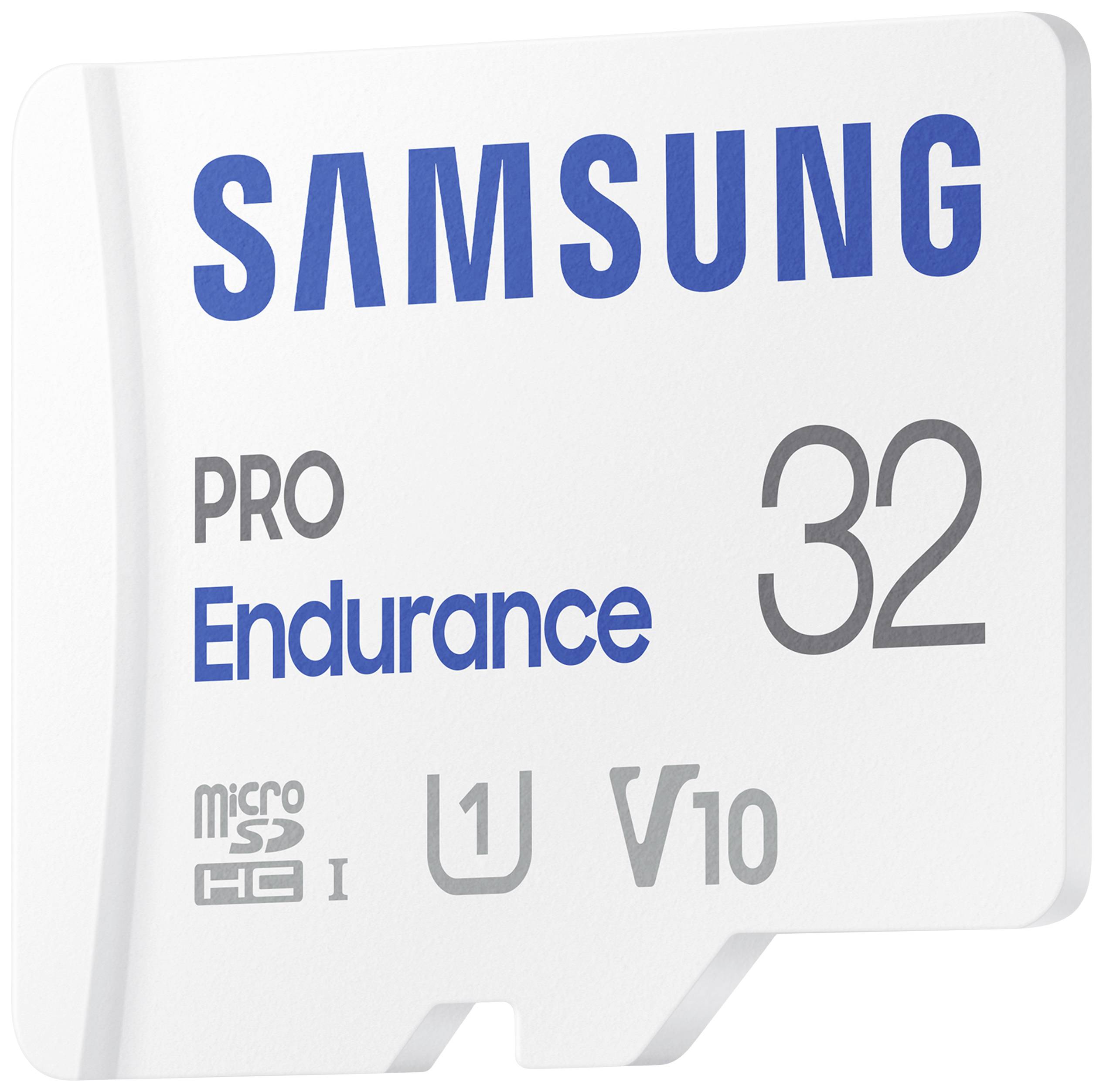 Samsung PRO Endurance 32GB microSD-kaart met snelheidsklasse U1 en V10, geschikt voor hoge duurzaamheid en prestaties.