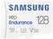 128 GB Samsung PRO Endurance microSDXC-kaart, geschikt voor langdurige video-opnames. Witte kaart met blauwe en grijze tekst.