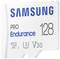 MicroSD-geheugenkaart van Samsung, model 'PRO Endurance', capaciteit 128 GB, geschikt voor 4K-videoregistratie onder hoge continue belasting.