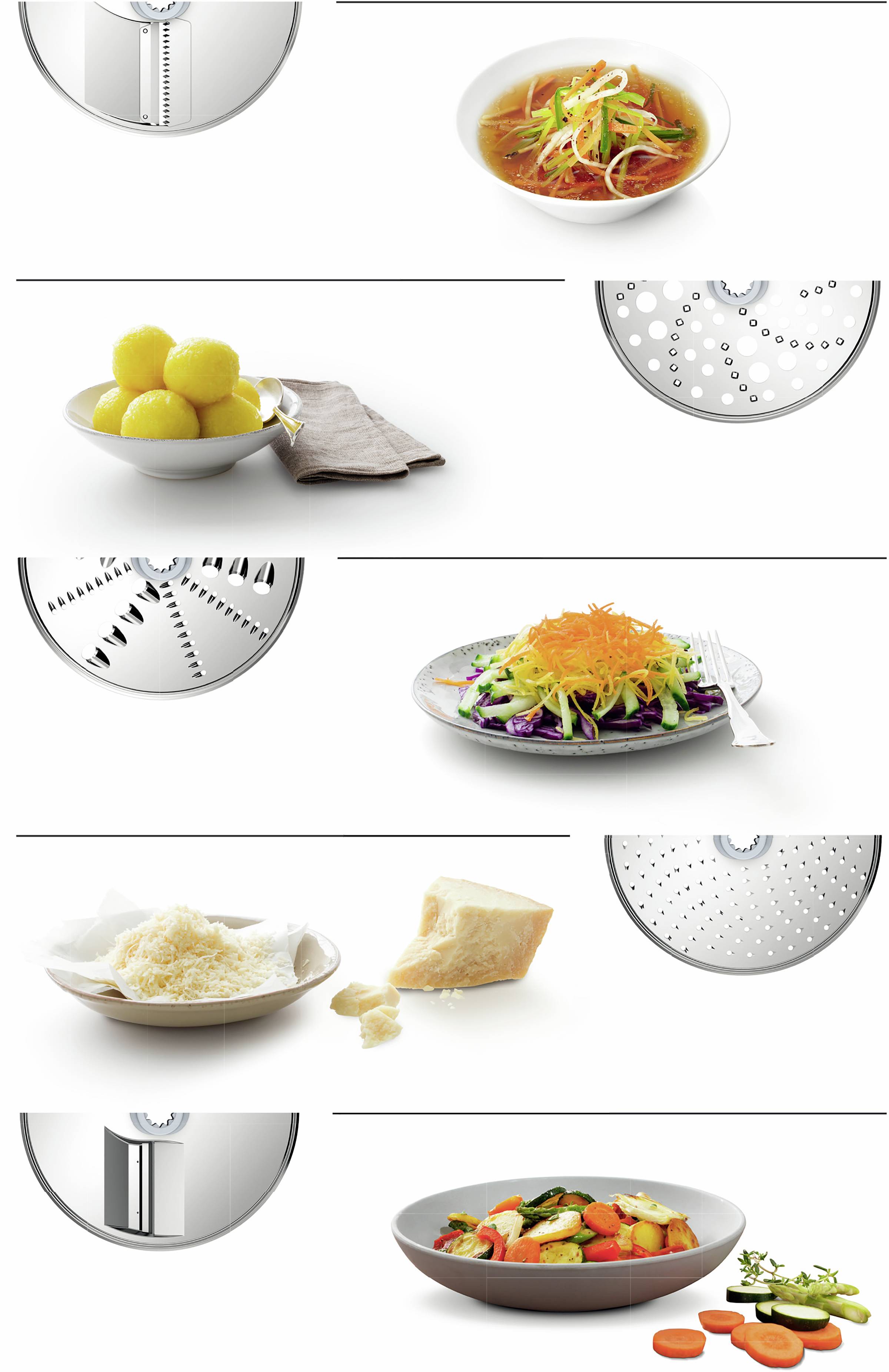 Verschillende gerechten met fruit en groenten, getoond naast keukengerei voor verwerking, zoals raspen en snijden.